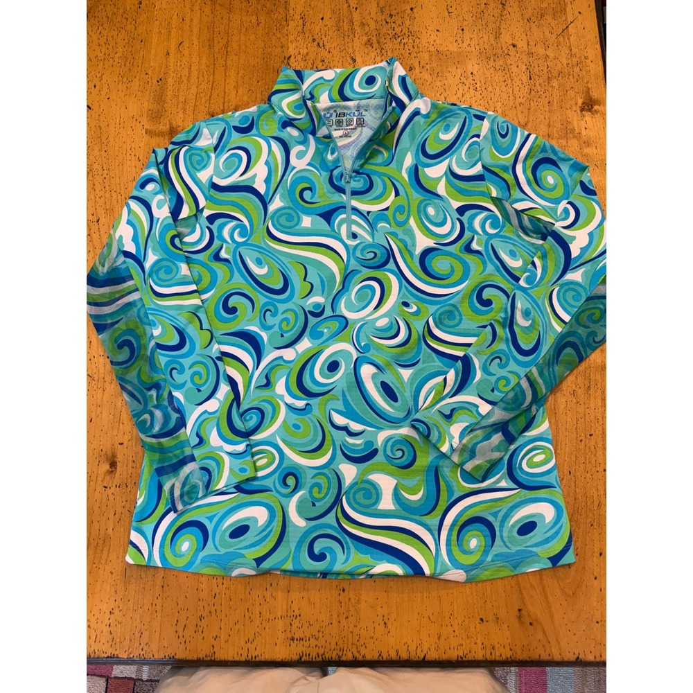 IBKUL Sun Shirt Large Long Sleeve Mock Neck Quarter Zip Swirl Paisley Blue Green